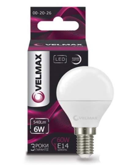 Лампа світлодіодна Velmax G45, 6Вт, E14, 4100К (4823051512621)